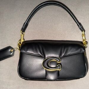 Black Leather Handbag with Gold Accents